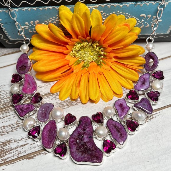 Solar Agate Pearl Heart Necklace Handmade Stone Gemstone 925 Silver Large Ethnic - Picture 9 of 15